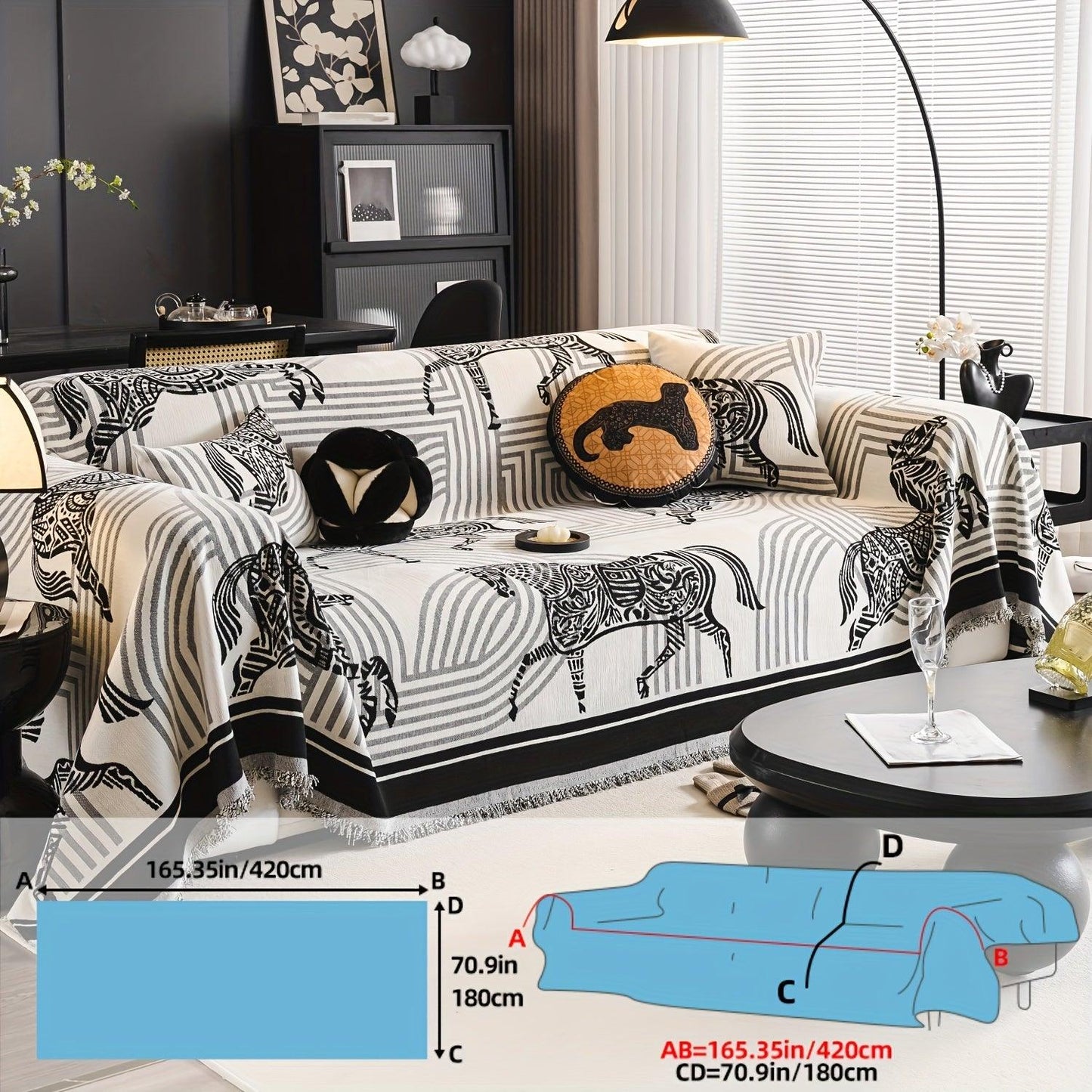 Luxurious Chenille Horse Design Sofa Cover Decor in Orange & Green