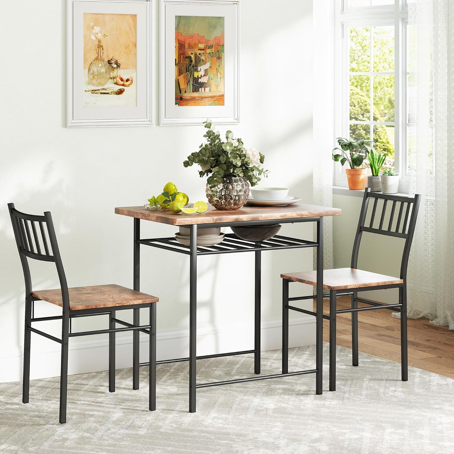 Homcom 3-Piece Dining Table Set for 2 – Small Kitchen Table & Chairs with Built-In Storage, Rustic Brown, Steel Frame, Perfect for Breakfast Nooks & Small Spaces