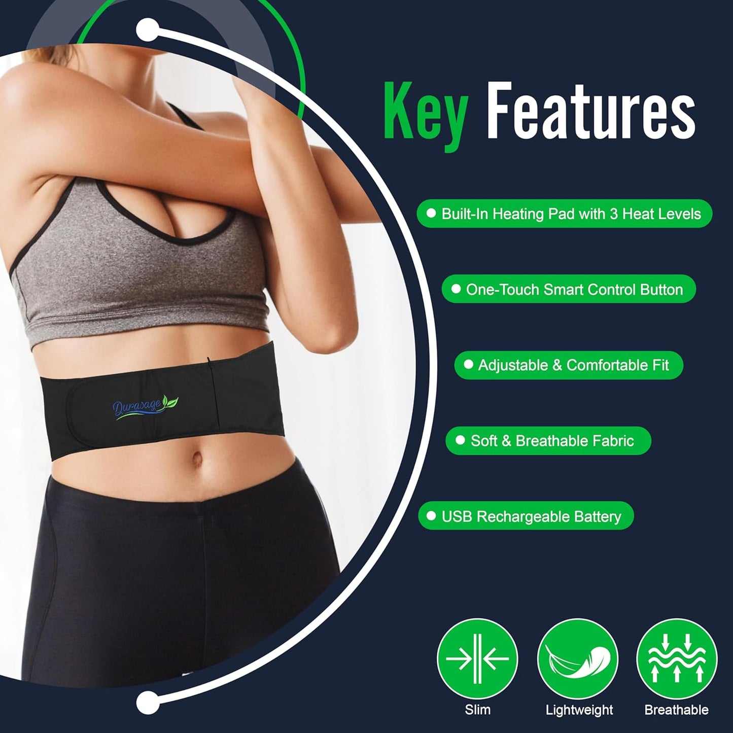 Durasage Cordless Heating Pad for Back Pain Relief – Portable Infrared Waist Belt with 3 Adjustable Heat Settings, USB Rechargeable, Wearable Wrap for Lower Back - Comfort & Lightweight – Black