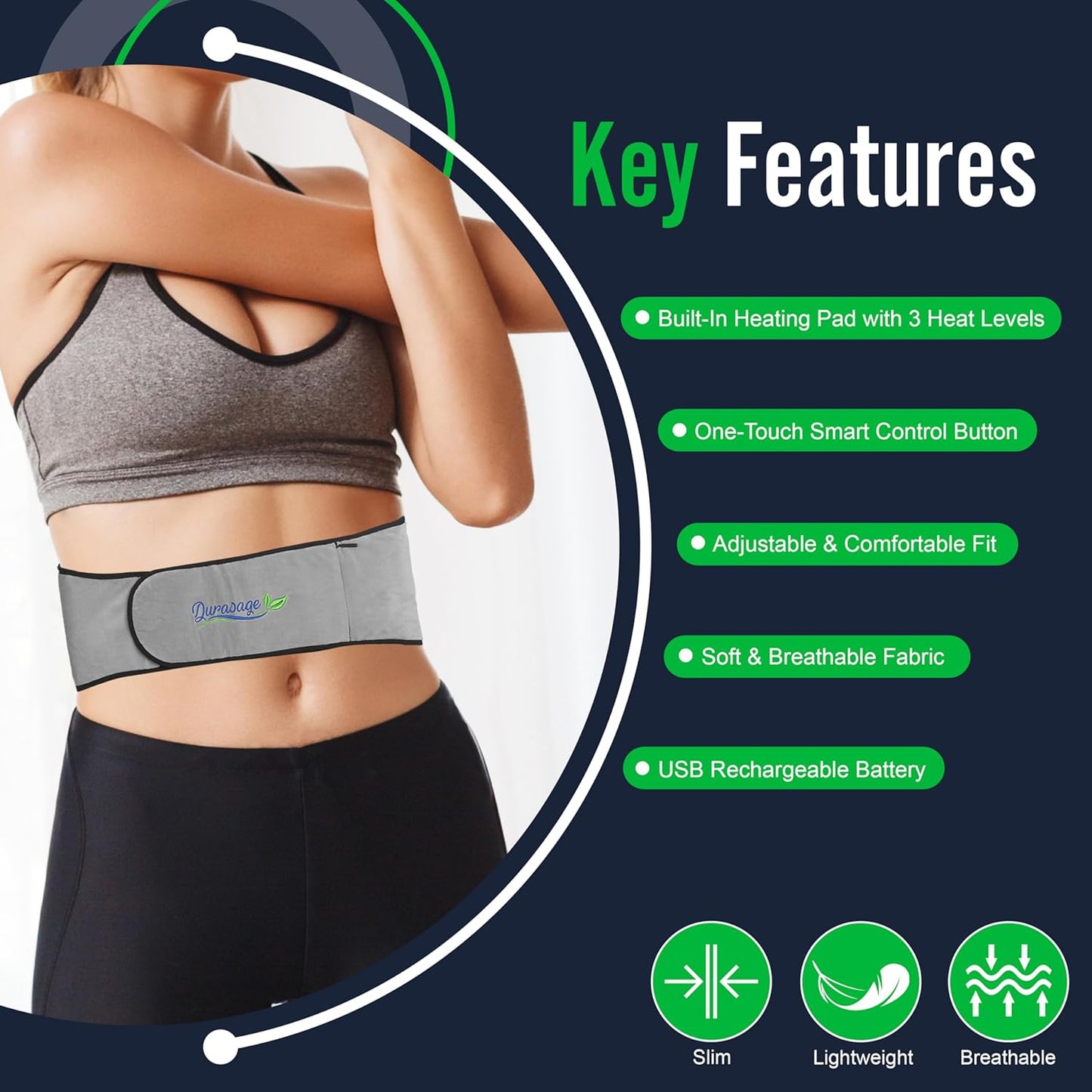 Durasage Cordless Heating Pad for Back Pain Relief – Portable Infrared Waist Belt with 3 Adjustable Heat Settings, USB Rechargeable, Wearable Wrap for Lower Back - Comfort & Lightweight