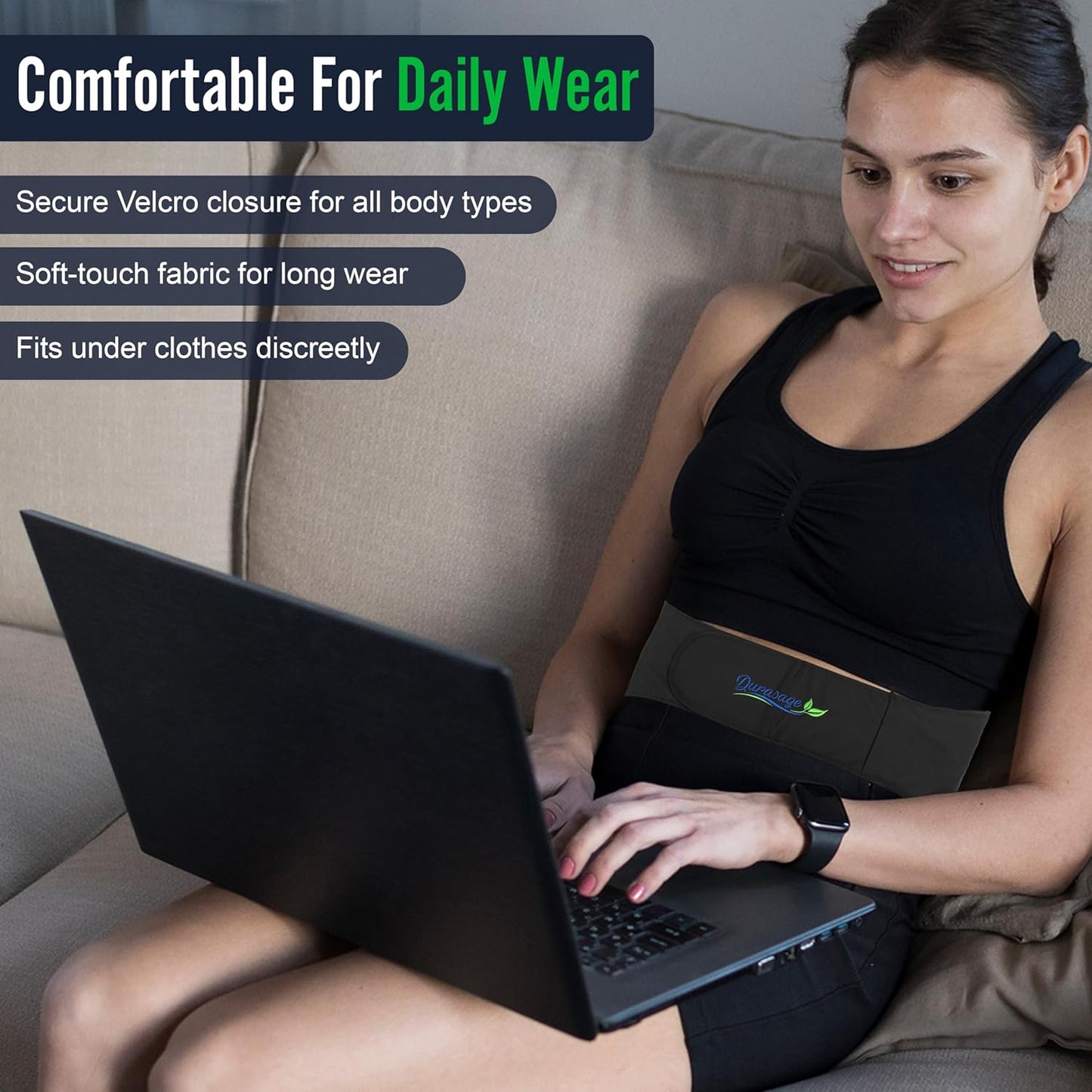 Durasage Cordless Heating Pad for Back Pain Relief – Portable Infrared Waist Belt with 3 Adjustable Heat Settings, USB Rechargeable, Wearable Wrap for Lower Back - Comfort & Lightweight – Black