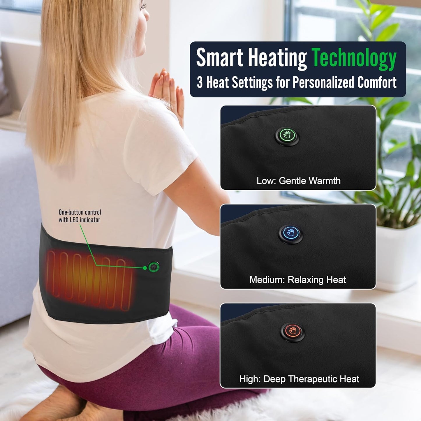 Durasage Cordless Heating Pad for Back Pain Relief – Portable Infrared Waist Belt with 3 Adjustable Heat Settings, USB Rechargeable, Wearable Wrap for Lower Back - Comfort & Lightweight – Black