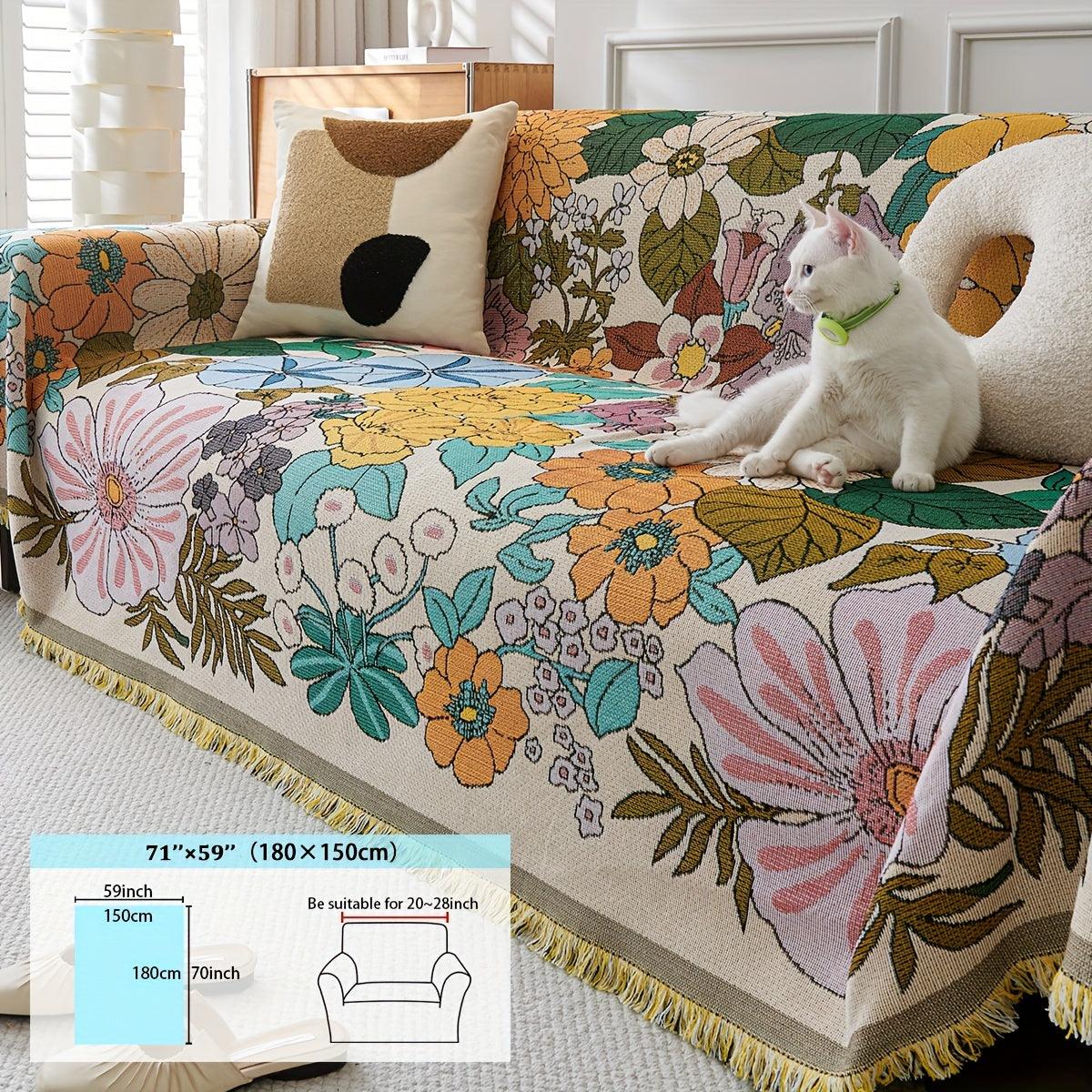 Linen Sofa Cover | Floral Tassel Throw, Pet-Friendly & Non-Slip