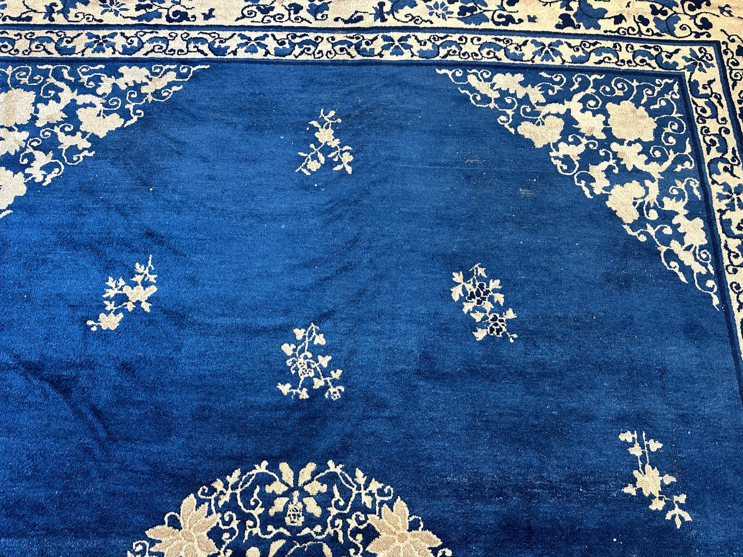 Hand-Knotted Antique Chinese Peking Wool Rug – 9’ x 11’5” – Distressed Blue, 19th Century