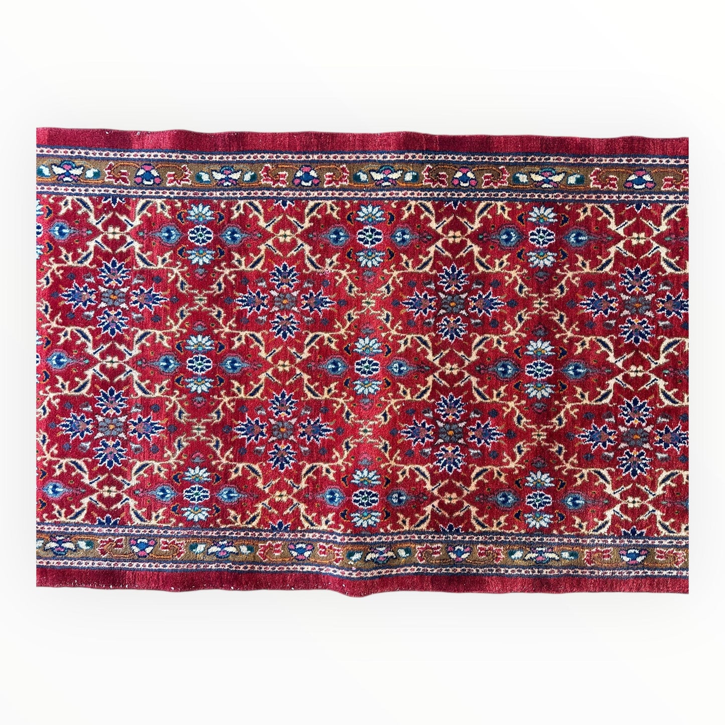 Vintage Mashhad Wool Runner – 3’3” x 8’4” – 1970s, Rich Red with Blue & Beige Accents