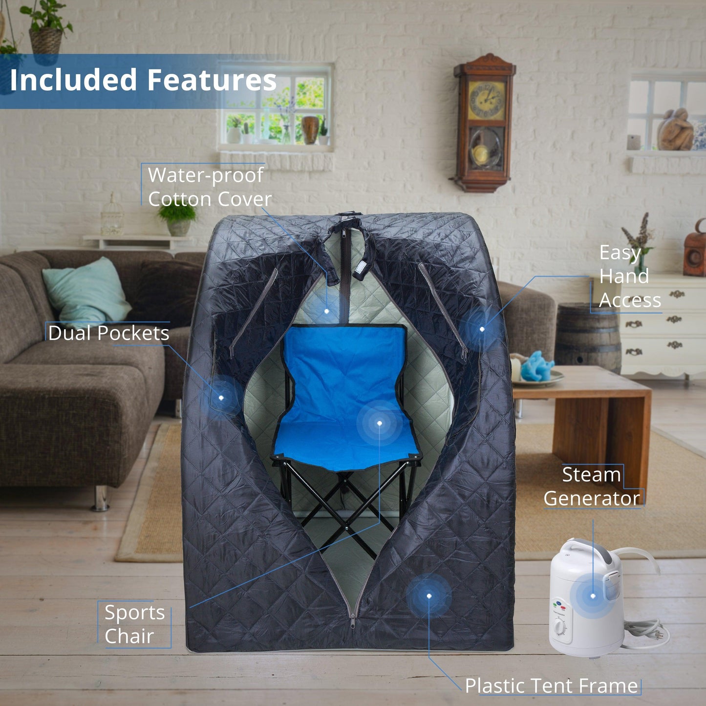 Oversized Portable Steam Sauna for Weight Loss, Detox & Relaxation at Home, Chair Included - Dark Blue