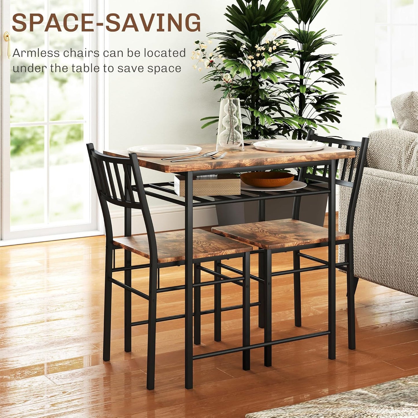 Homcom 3-Piece Dining Table Set for 2 – Small Kitchen Table & Chairs with Built-In Storage, Rustic Brown, Steel Frame, Perfect for Breakfast Nooks & Small Spaces