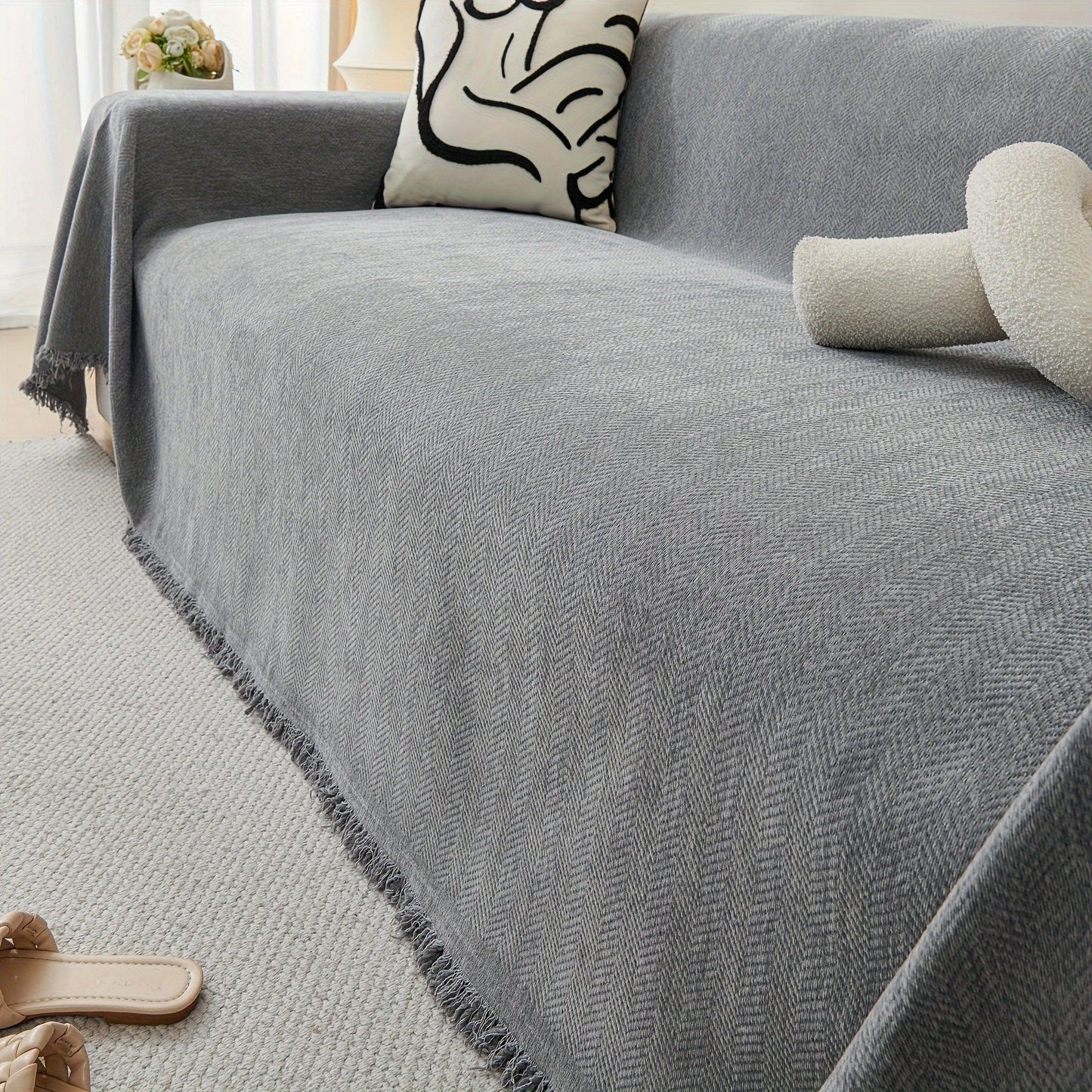 Update Sofa with Organic Couch Cover| Herringbone Chenille Tassels