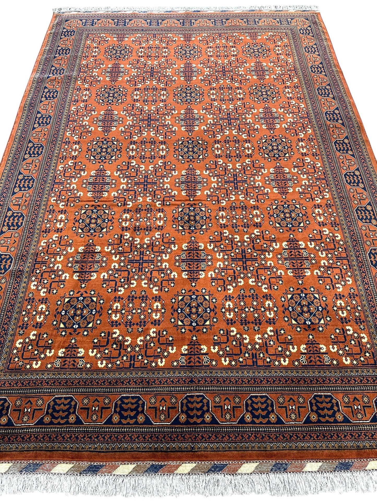 Hand-Knotted Afghani Bukharayi Rug | 6'7" x 10' Wool Area Carpet – Traditional Geometric Design