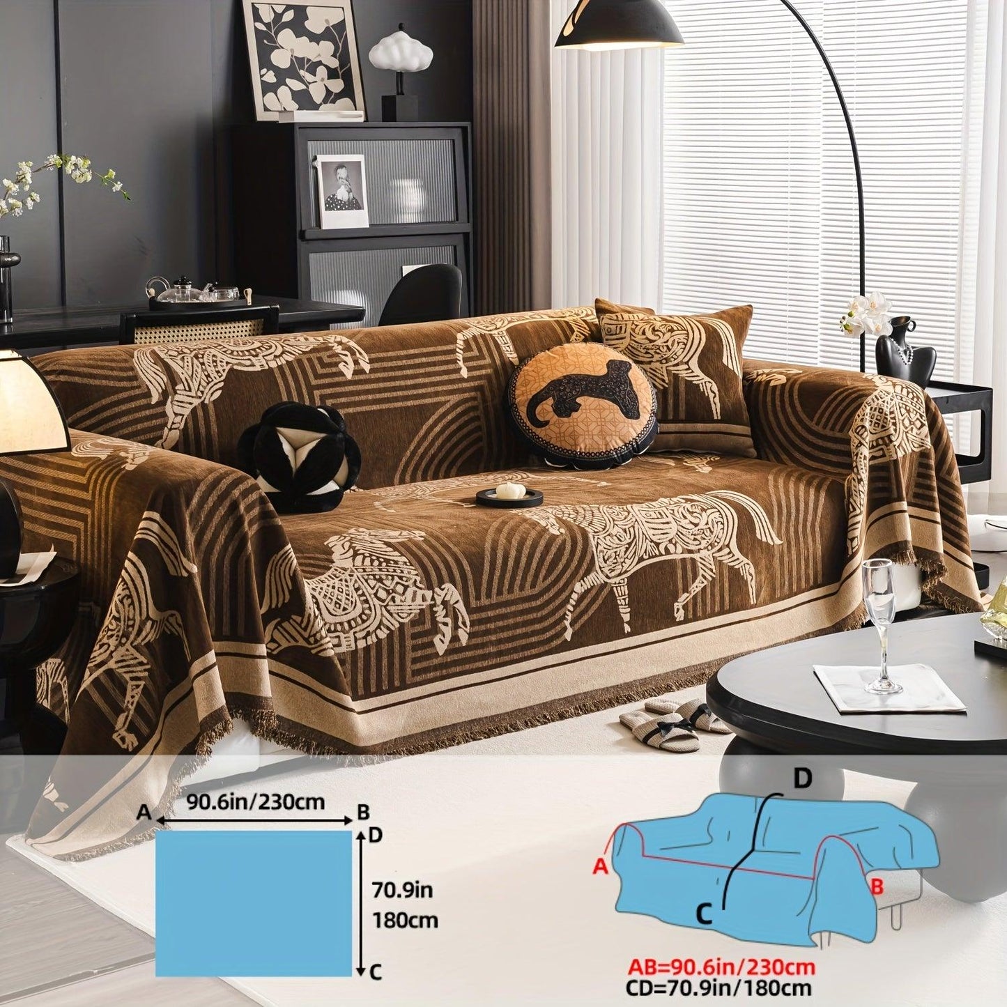 Luxurious Chenille Horse Design Sofa Cover Decor in Orange & Green