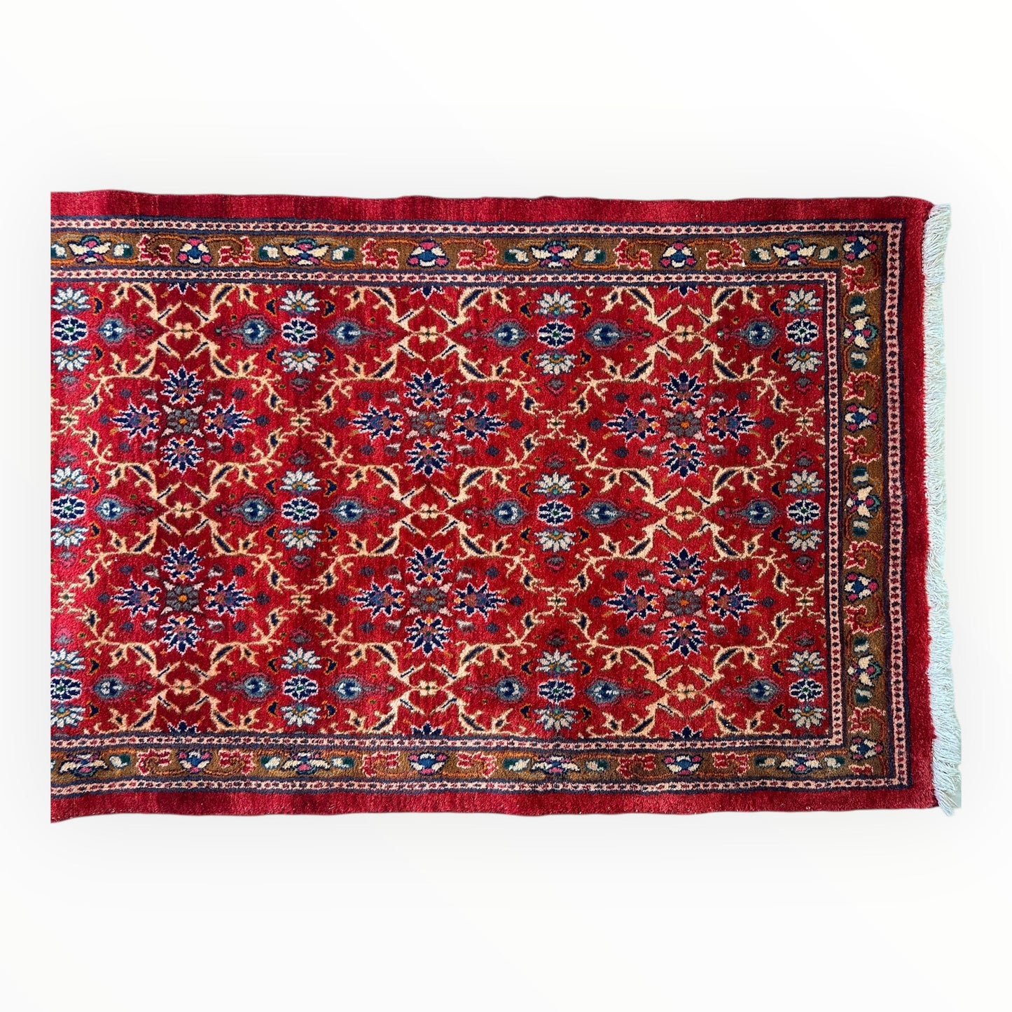 Vintage Mashhad Wool Runner – 3’3” x 8’4” – 1970s, Rich Red with Blue & Beige Accents