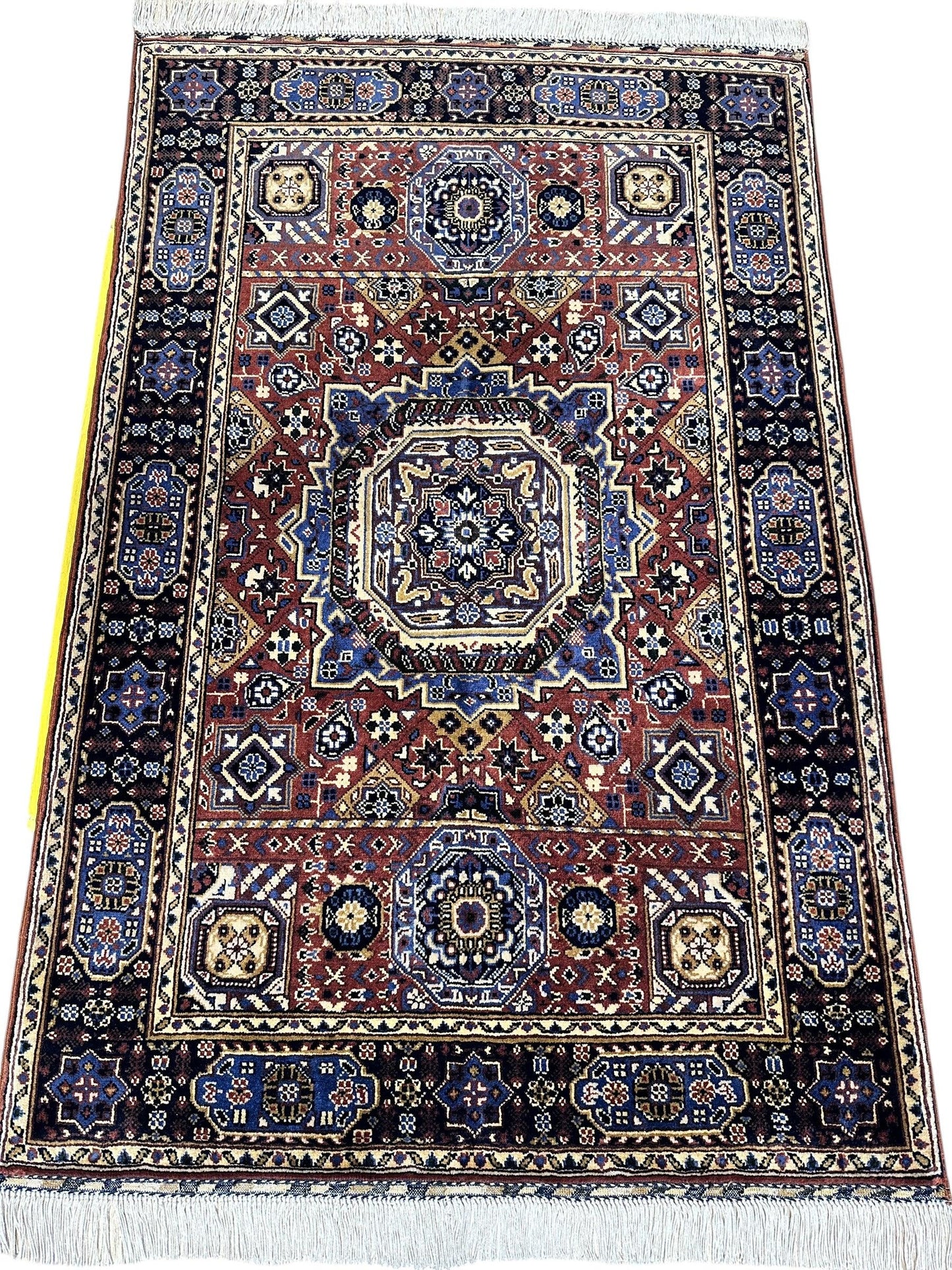 Hand-Knotted Afghani Blue & Brown Mamluk Wool Rug – 40” x 62”