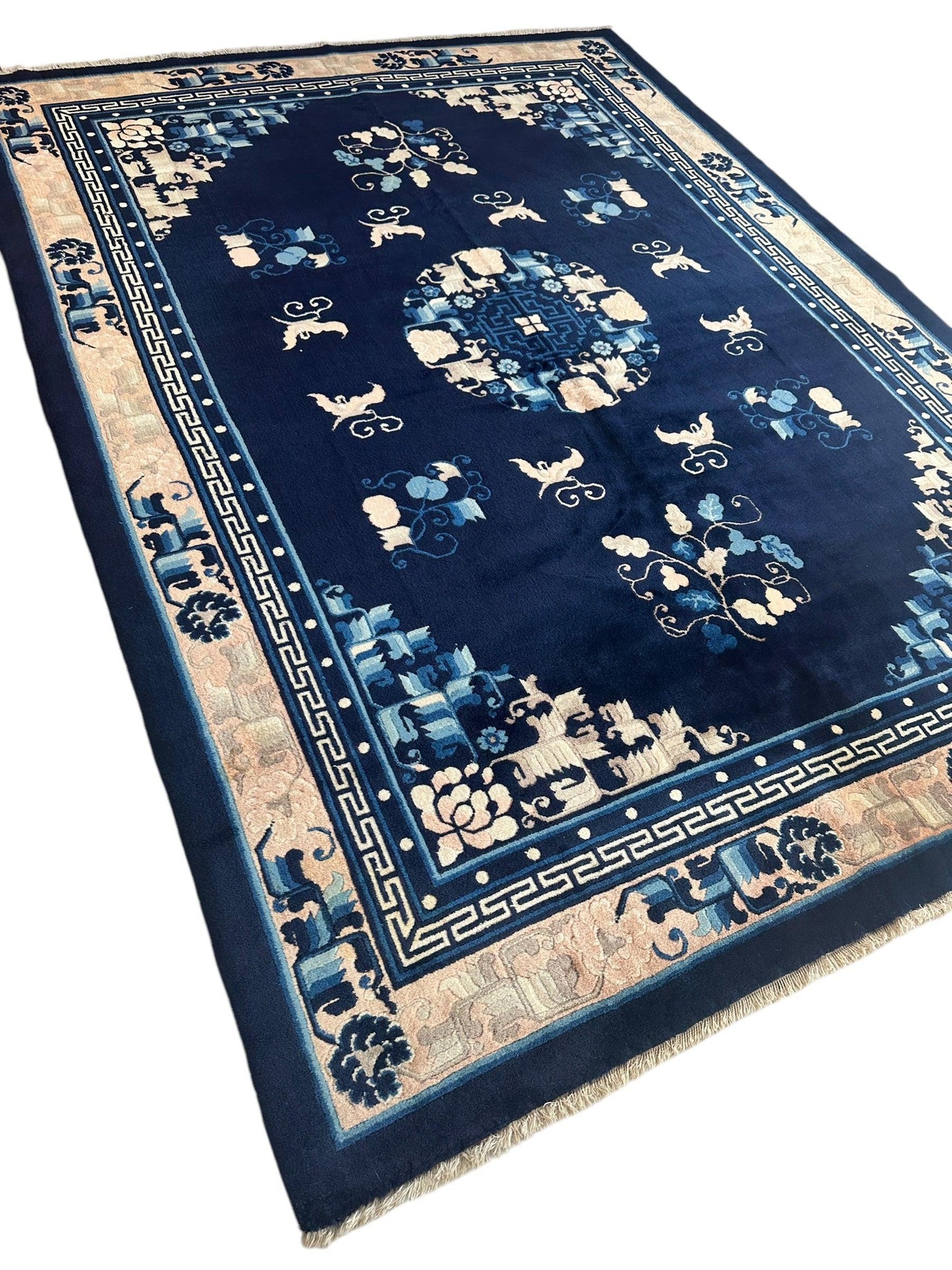 Hand-Knotted Antique Chinese Peking Wool Rug – 5’6” x 7’6” – Full Pile Navy and Cream Design