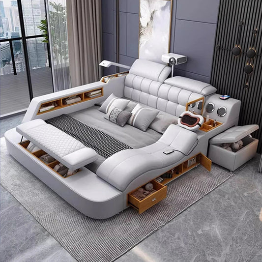 A modern luxury king size bed with genuine leather upholstery, featuring storage drawers, bookshelves, and built-in lighting, set in a contemporary styled room.