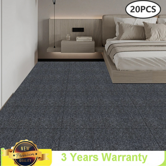 Bedroom with gray carpet tiles and a bed in the background, featuring a '20PCS' label and '3 Years Warranty' text.