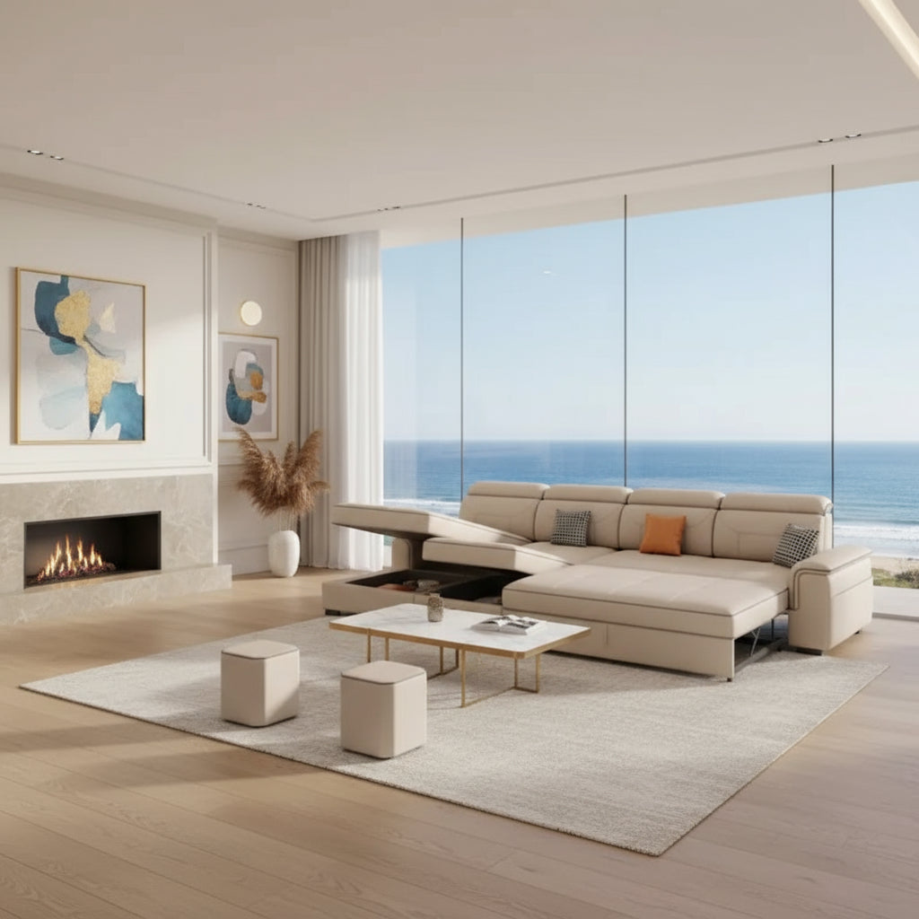 Beige sectional sofa with storage compartments on a white background