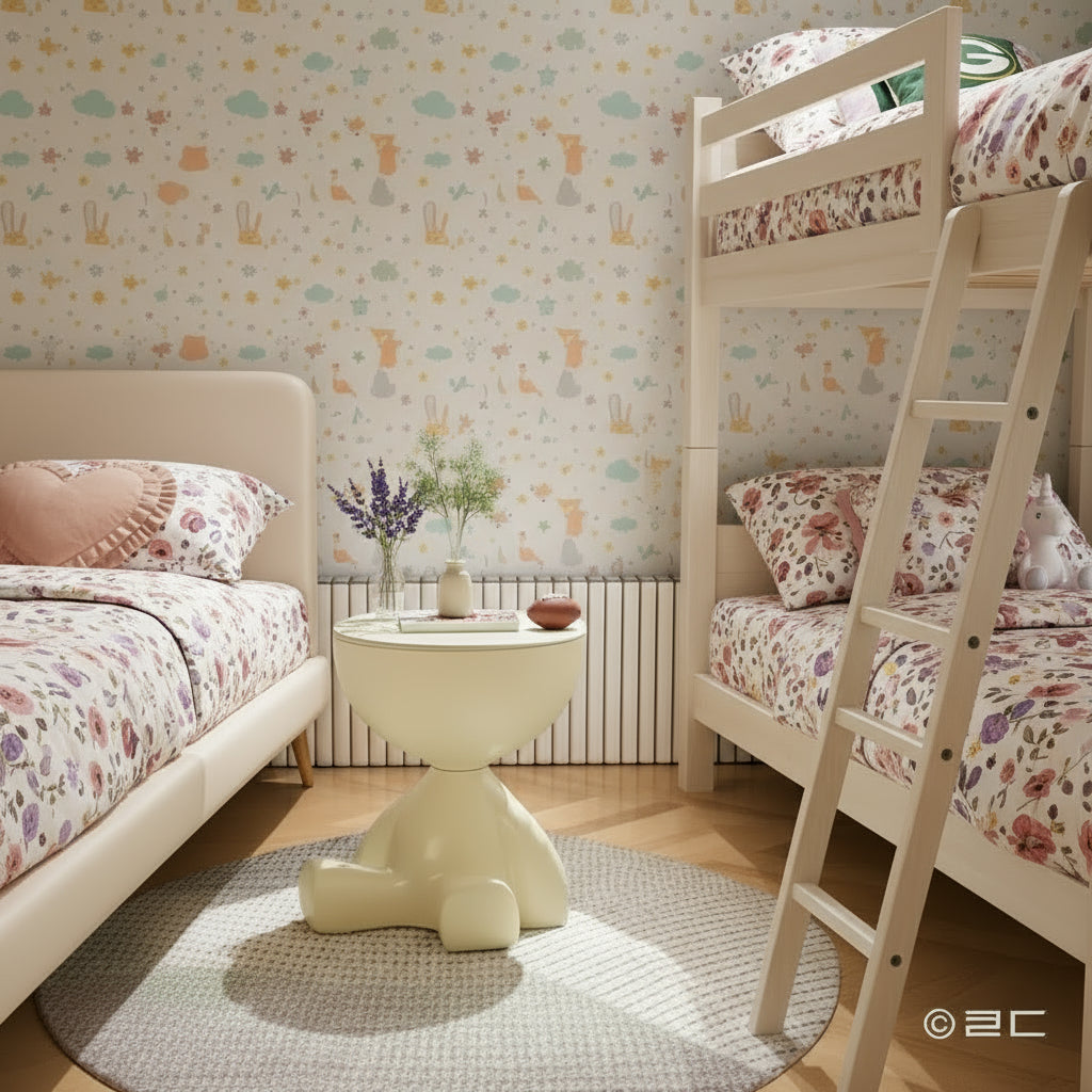 Beige side table in a bedroom setting with a plant and book on top.