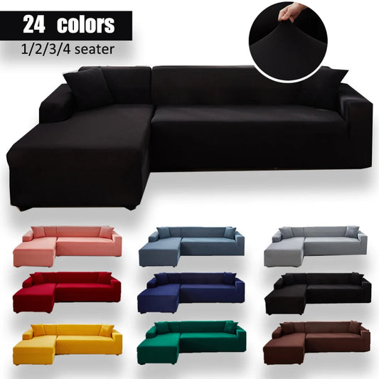 Black sectional sofa with color options displayed below on a white background