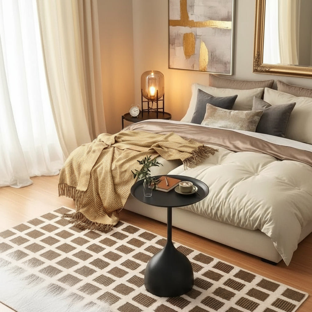 Black side table with a plant and cup on a patterned rug