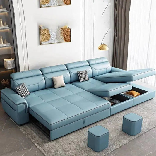 Blue sectional sofa with storage drawers in a living room setting