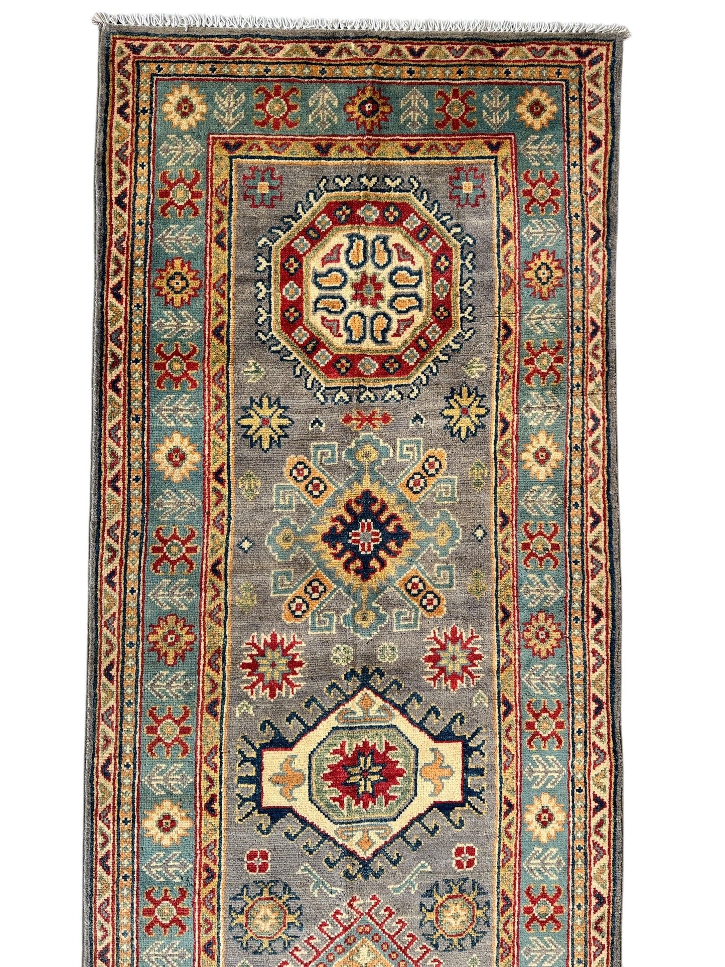 Hand-Knotted Afghan Kazak Wool Runner Rug – 2'7" x 12'3" – Traditional Geometric Design
