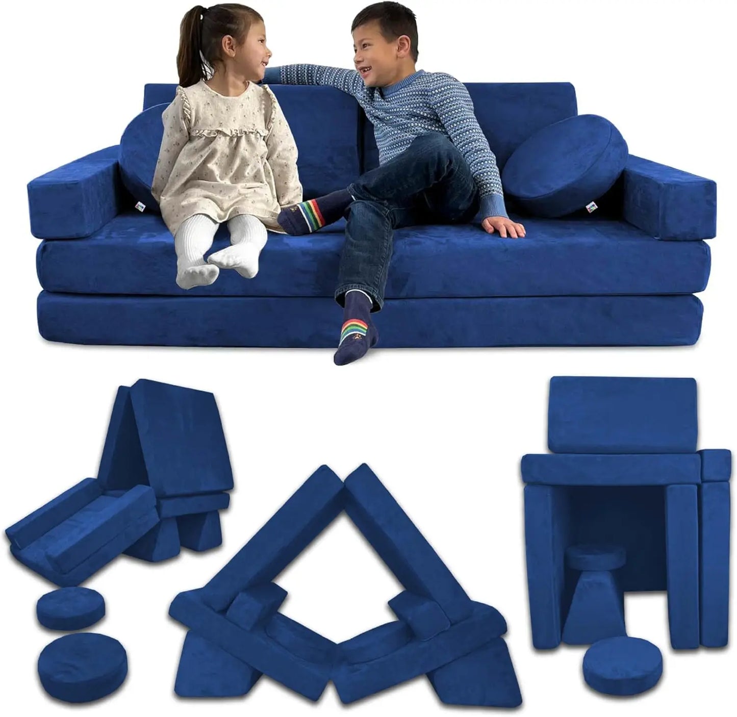 Children sitting on a blue modular sofa with additional components displayed below.