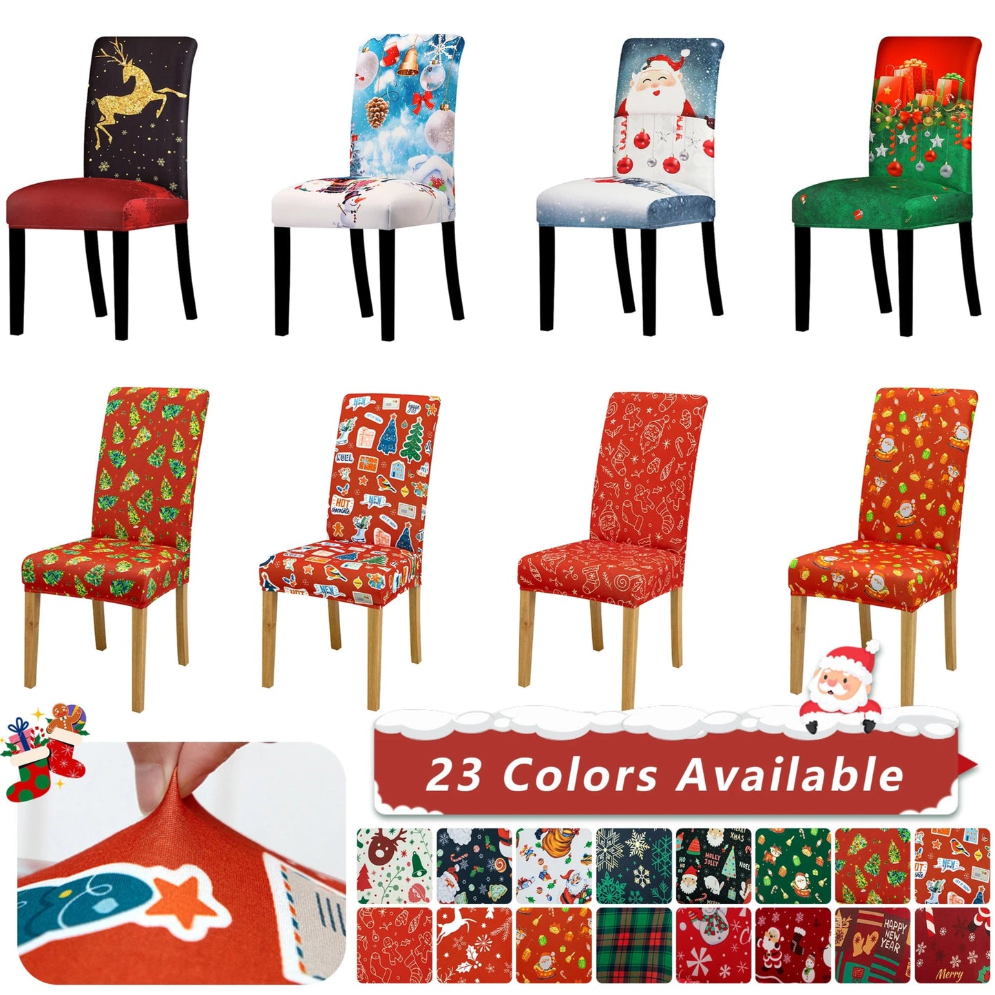 Collage of Christmas-themed chair covers with various designs on a white background.
