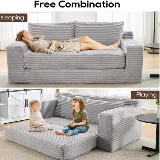 Collapsible sofa transforming from a sleeping area to a play area with children on it.