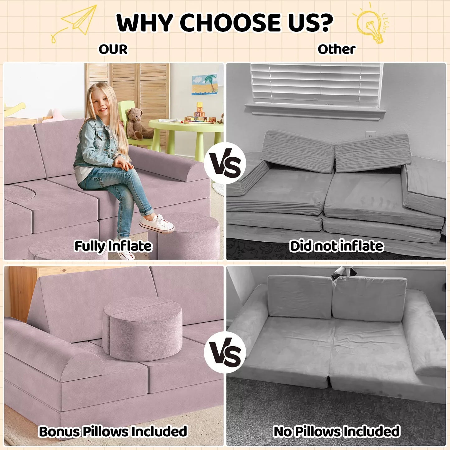 Comparison chart showing a fully inflatable sofa versus one without pillows, with text 'Why Choose Us?'