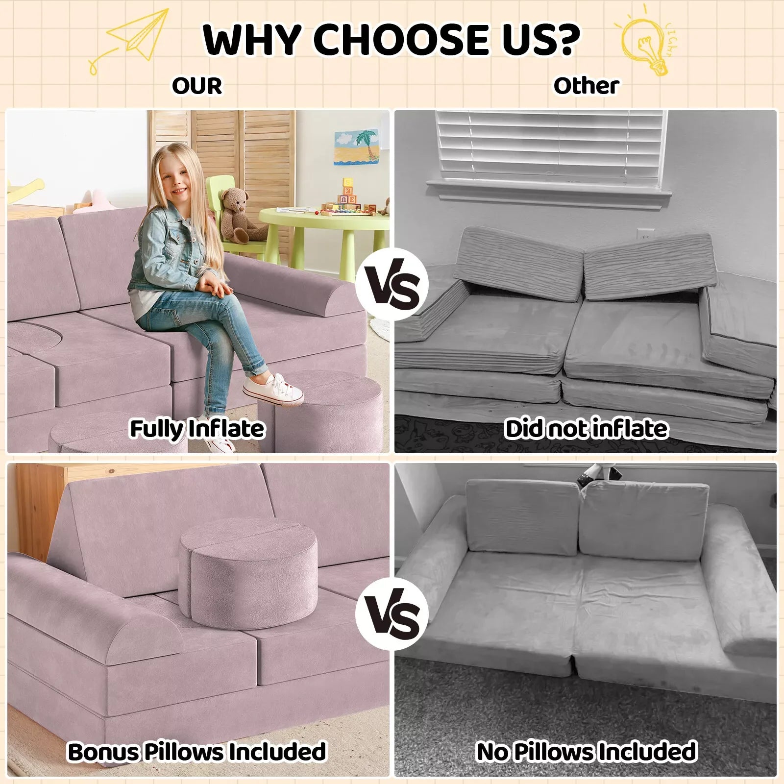 Comparison chart showing a fully inflatable sofa versus one without pillows, with text 'Why Choose Us?'