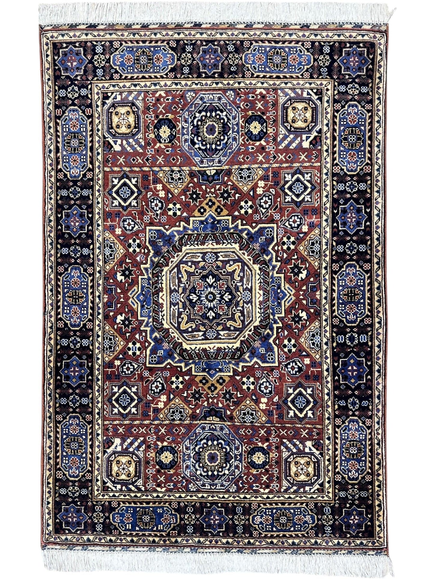 Hand-Knotted Afghani Blue & Brown Mamluk Wool Rug – 40” x 62”