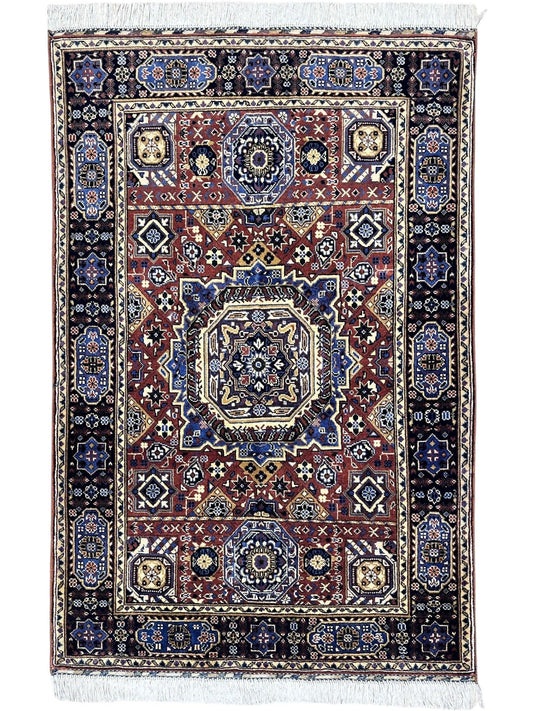 Hand-Knotted Afghani Blue & Brown Mamluk Wool Rug – 40” x 62”