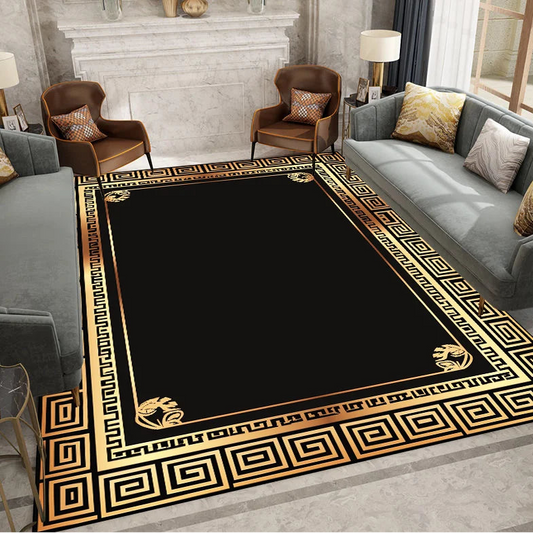 Decorative black rug with gold border in a living room setting