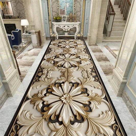Decorative rug with intricate patterns in a luxurious room.