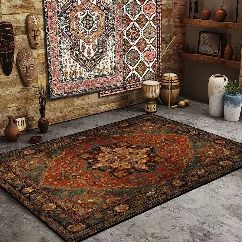 Decorative rug with intricate patterns in a room with wooden walls and various decorative items.