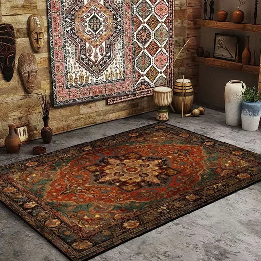 Decorative rug with intricate patterns in a room with wooden walls and various decorative items.