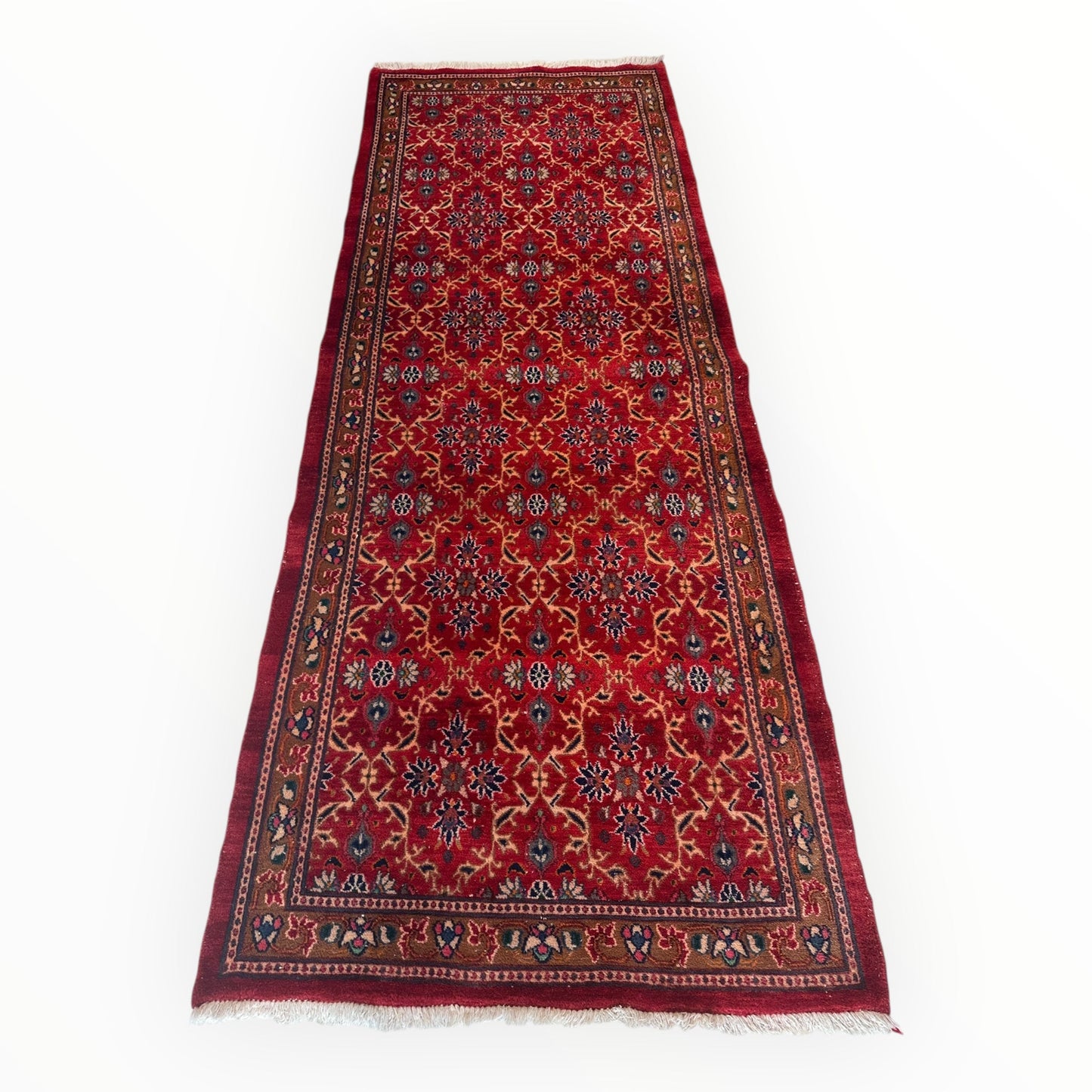 Vintage Mashhad Wool Runner – 3’3” x 8’4” – 1970s, Rich Red with Blue & Beige Accents