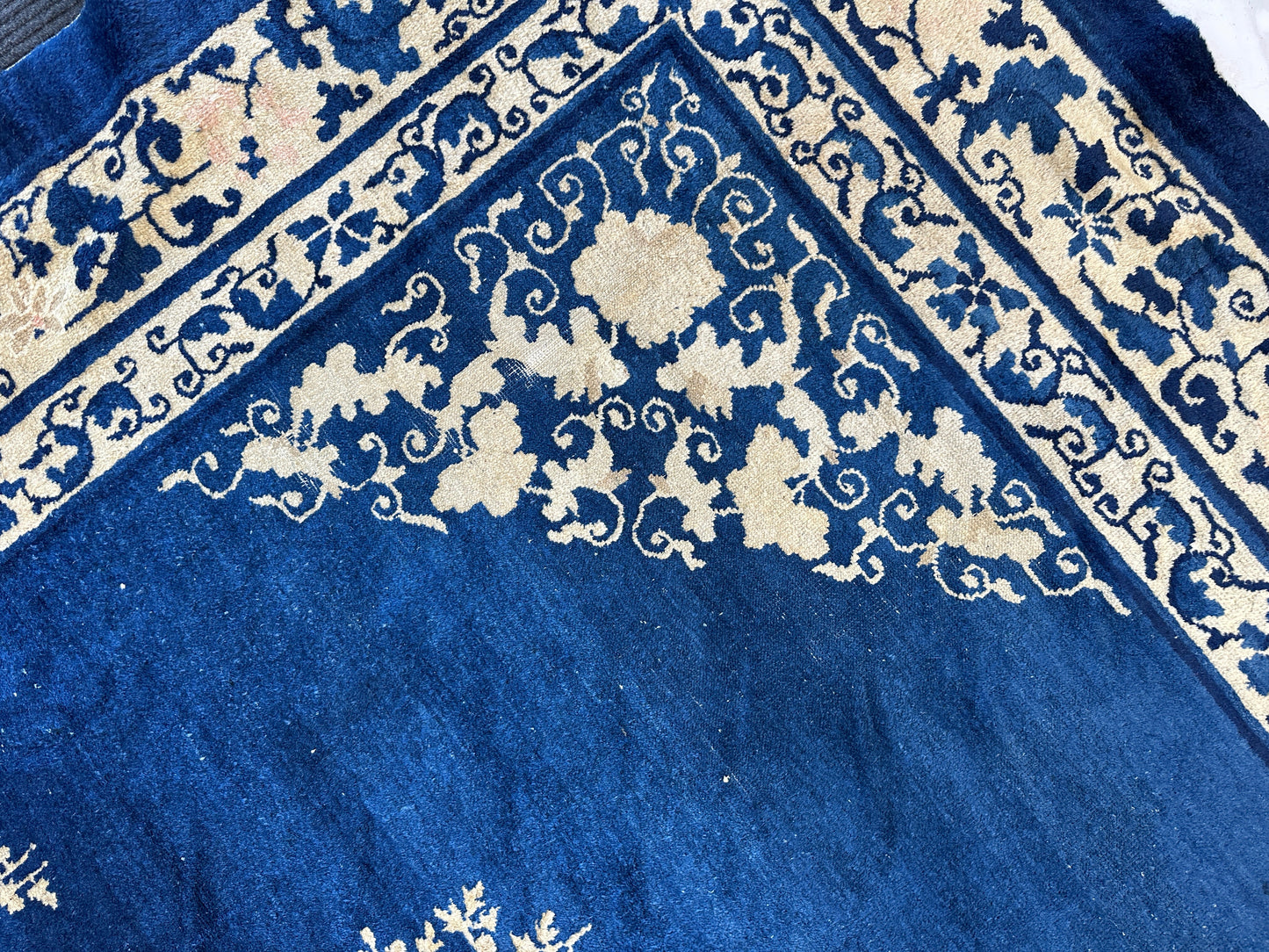 Hand-Knotted Antique Chinese Peking Wool Rug – 9’ x 11’5” – Distressed Blue, 19th Century