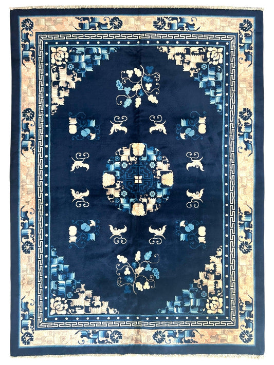 Hand-Knotted Antique Chinese Peking Wool Rug – 5’6” x 7’6” – Full Pile Navy and Cream Design
