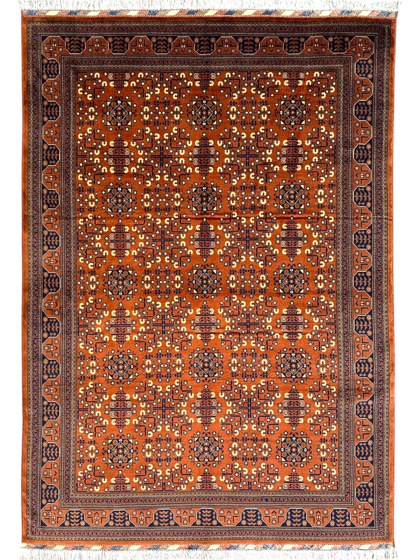 Hand-Knotted Afghani Bukharayi Rug | 6'7" x 10' Wool Area Carpet – Traditional Geometric Design