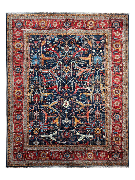 Hand-Knotted Afghani Bidjar Wool Rug – 9’x12’ – Intricate Geometric & Floral Motifs