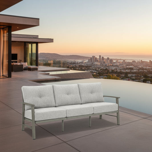 Gray outdoor sofa with metal frame on a white background