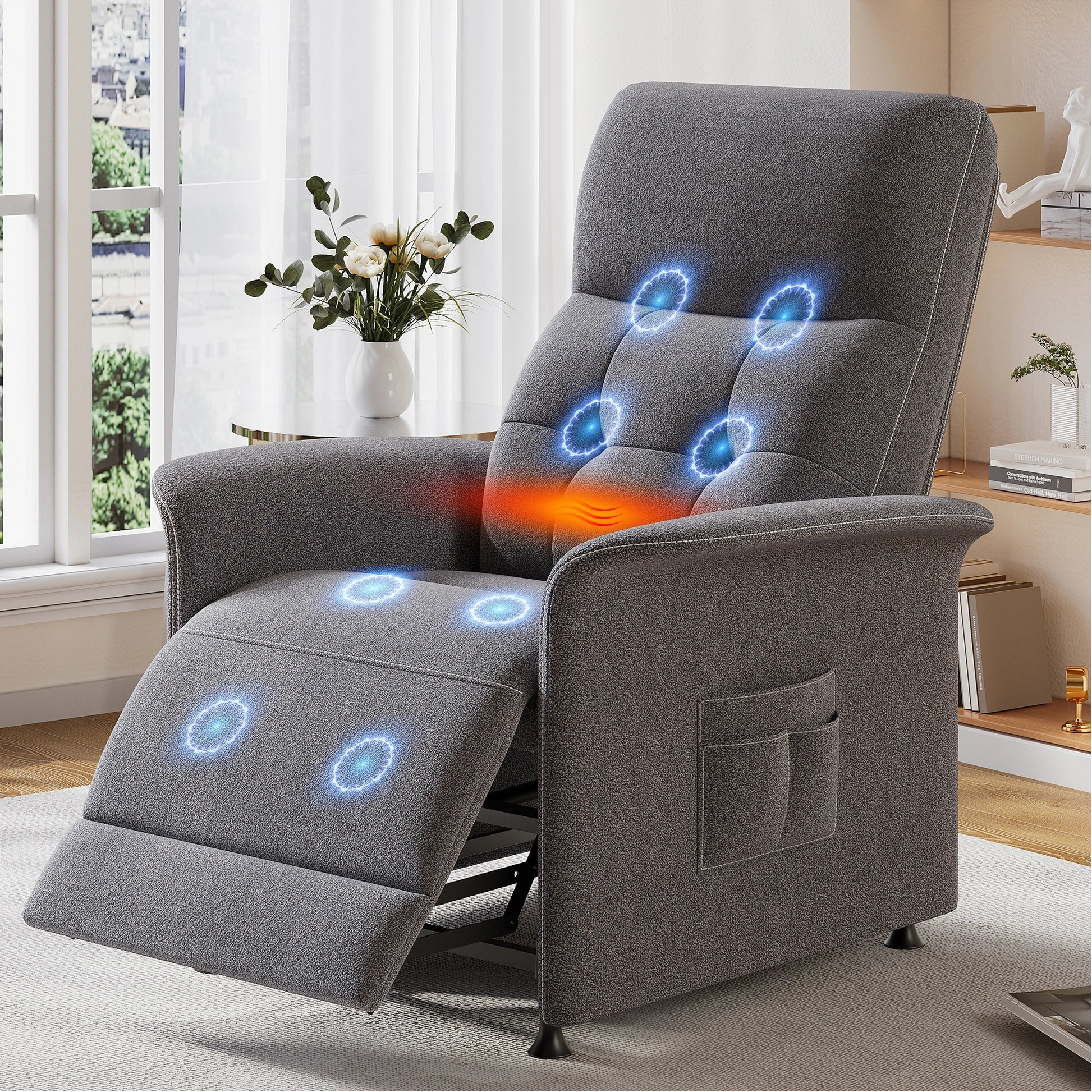 Gray recliner chair with heating and massage functions in a living room setting.