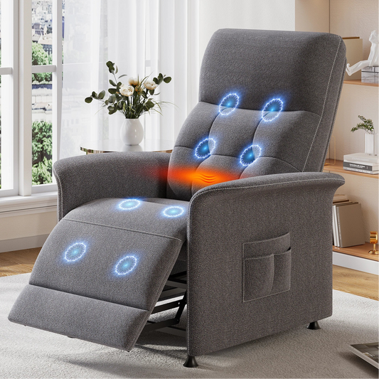 Gray recliner chair with heating and massage functions in a living room setting.