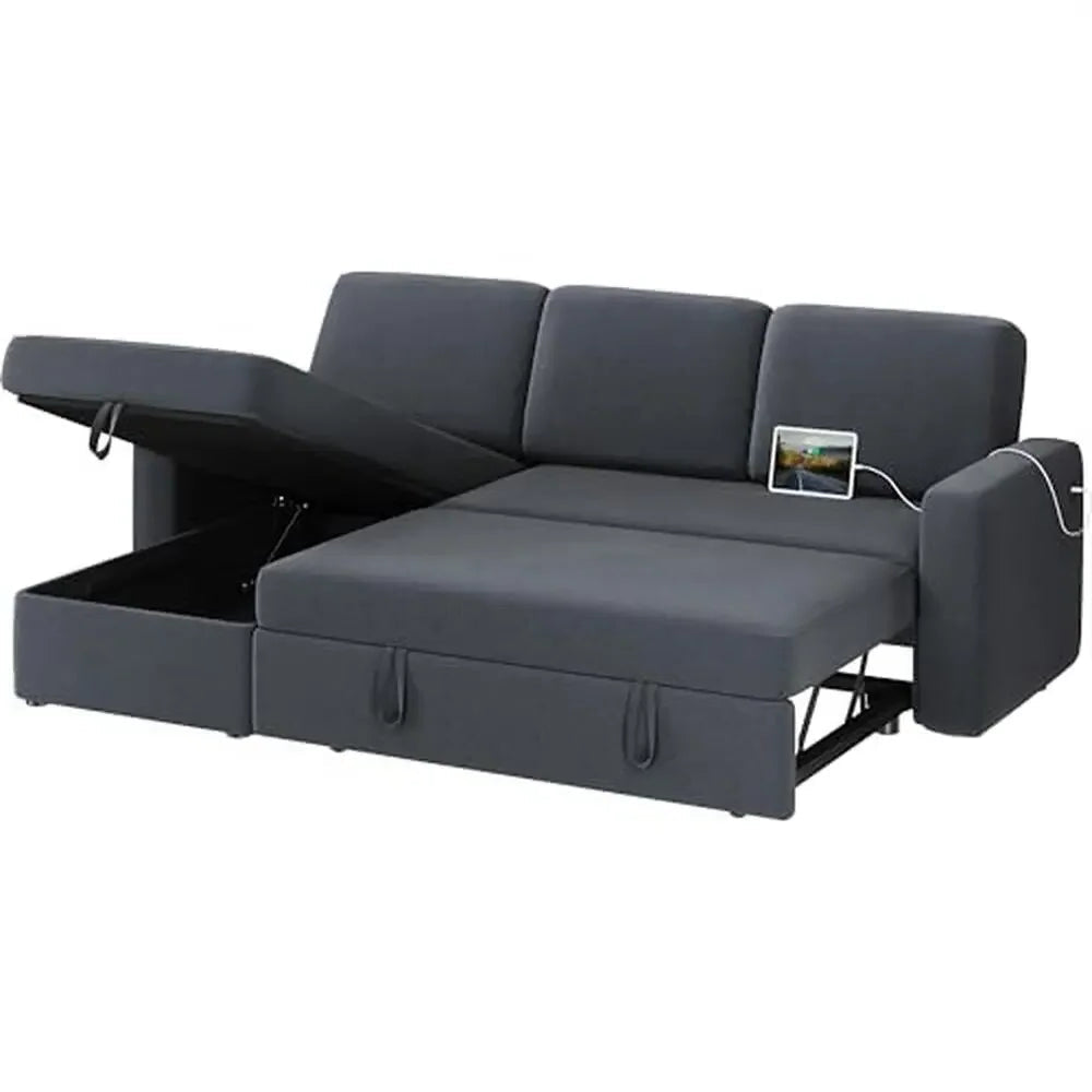 Gray sectional sofa with storage drawers on a white background