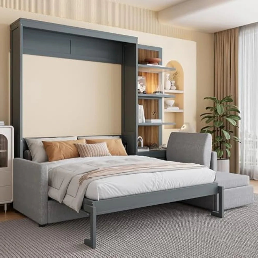 Gray wall-bed in a modern bedroom with shelves and decor.

