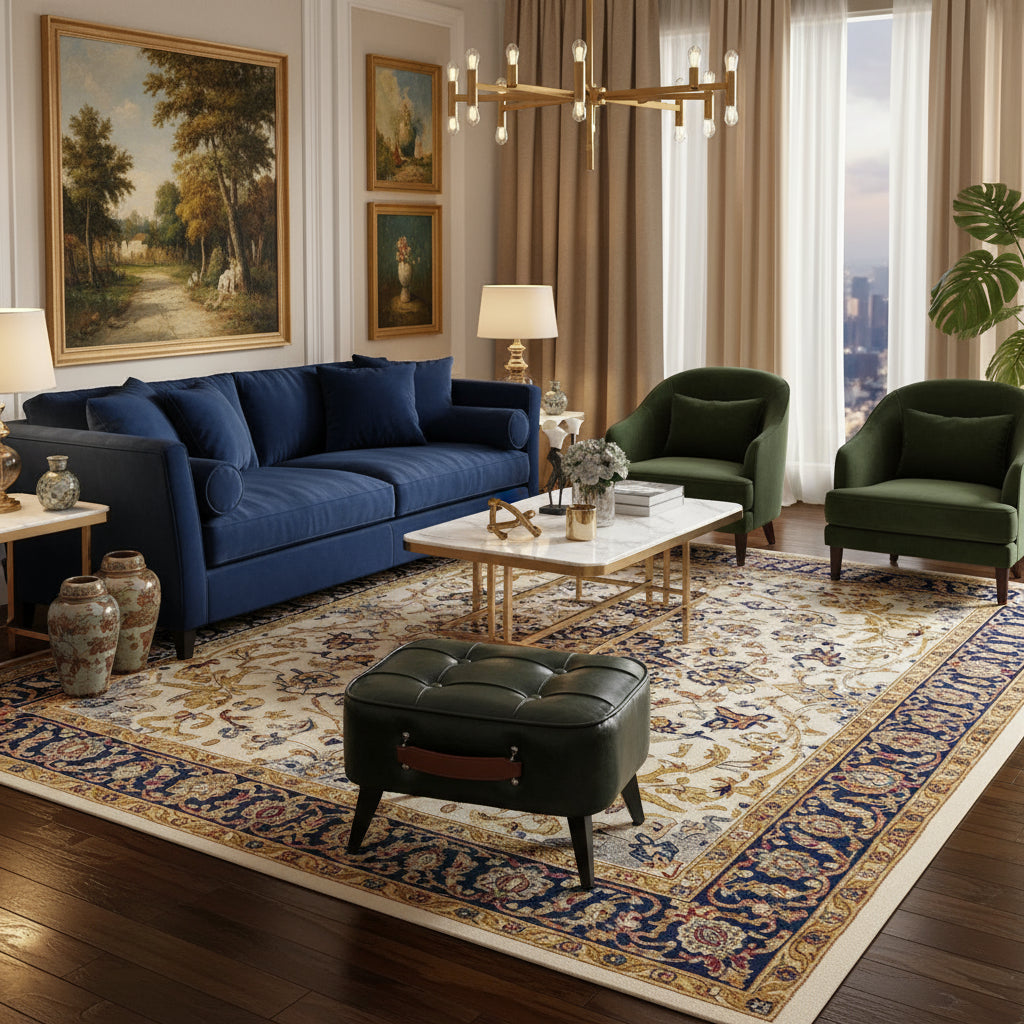 Green ottoman with a brown handle on a beige carpet