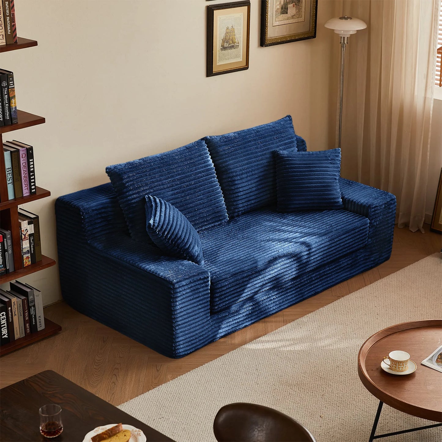 Convertible Corduroy 2-in-1 Sofa Bed – No Assembly Loveseat for Apartment, Office & Living Room, Blue