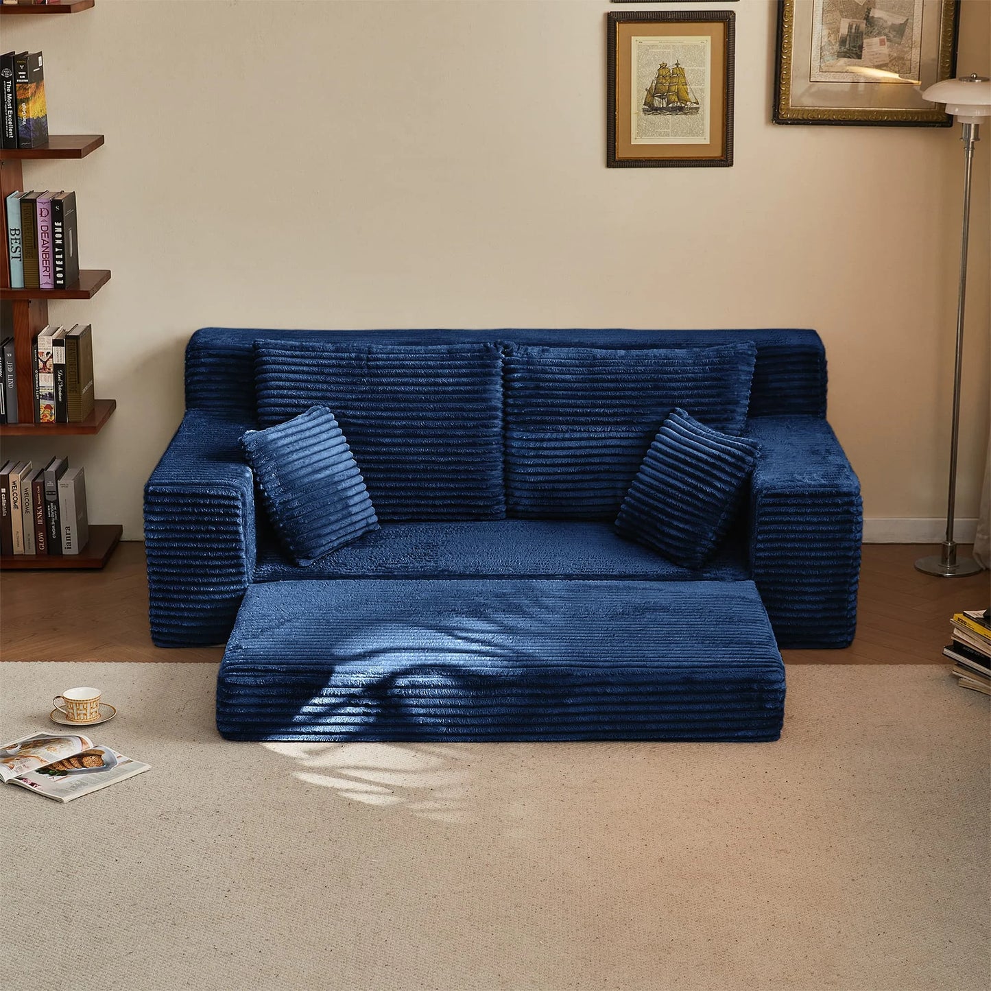 Convertible Corduroy 2-in-1 Sofa Bed – No Assembly Loveseat for Apartment, Office & Living Room, Blue