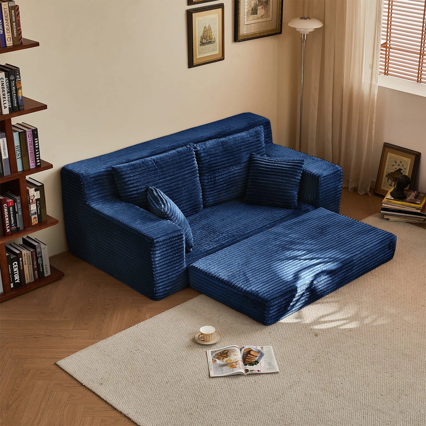 Convertible Corduroy 2-in-1 Sofa Bed – No Assembly Loveseat for Apartment, Office & Living Room, Blue